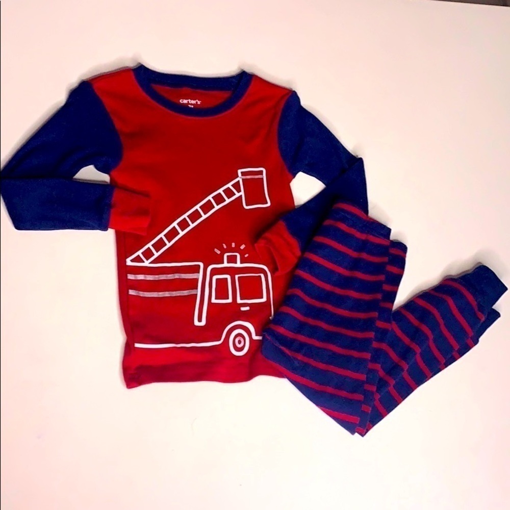 Carter’s 2 piece truck stripe lounge pajama set 3T boys red navy blue